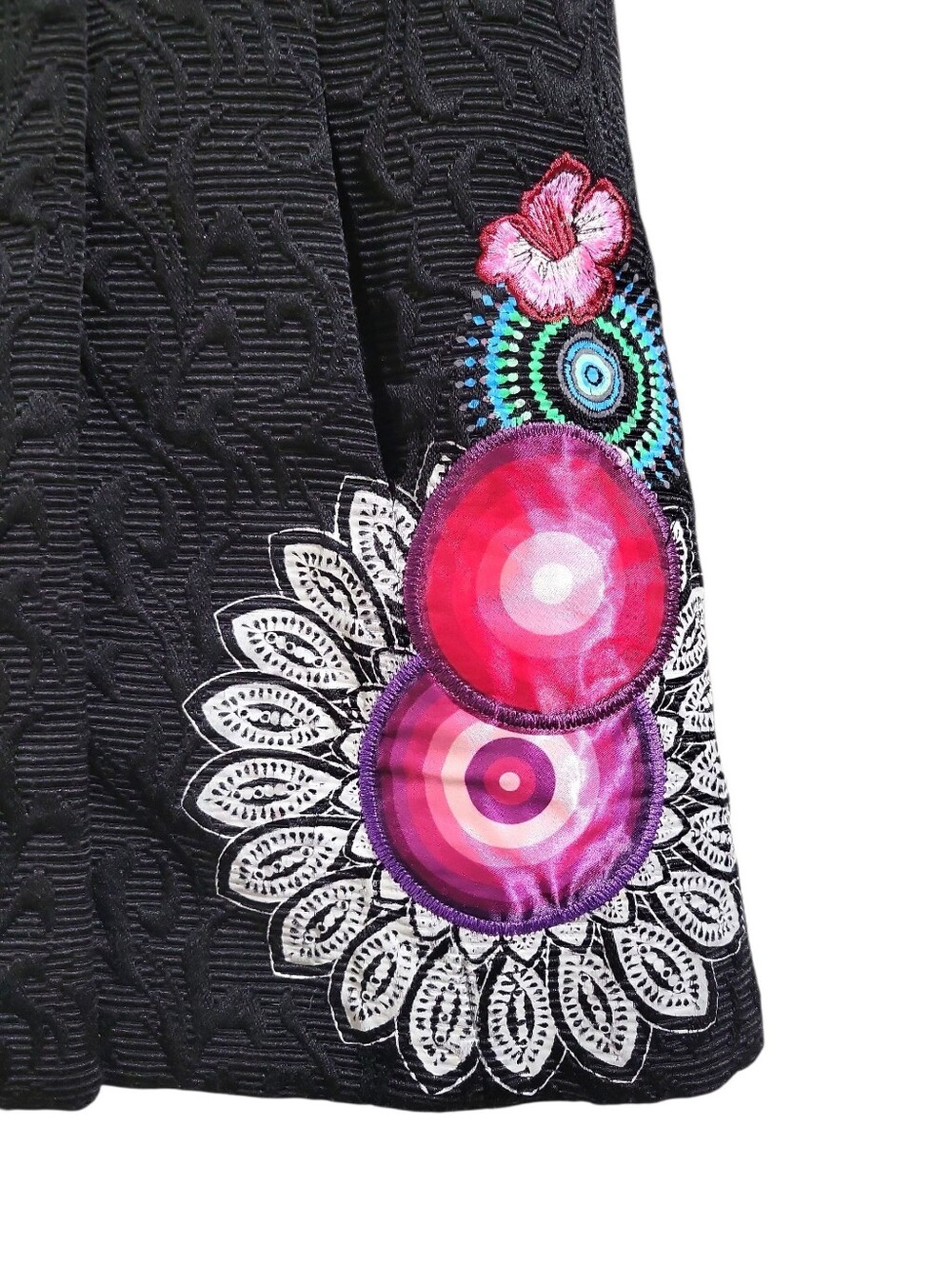 Desigual Girls 5/6 Y Black Embossed Designer Pea Coat Embroidered Flawed - Picture 6 of 16
